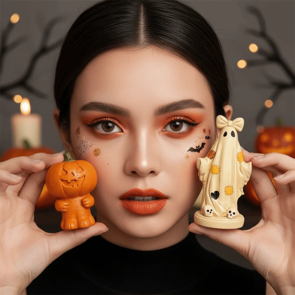 Resin Halloween Figurine Patchwork Detail Cute Design Pumpkin Sculpture Durable Quality Handpainted Surface Ghost Ornament