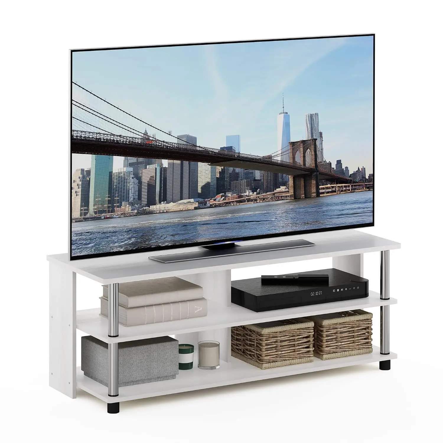 3-Tier TV Stand to 48 Inch, Oak & Chrome Entertainment Center, Open Frame Cable Management, Stainless Steel, Living Room & Bedro