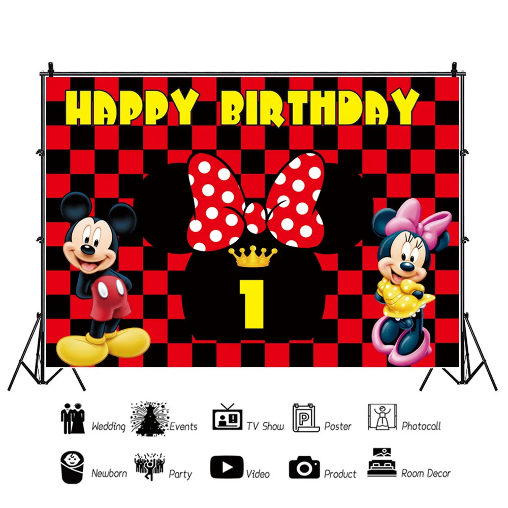 Cartoon Mickey Mouse Party Vinyl Background Minnie Mouse Backdrops Wall Cloth Baby Shower Kids Birthday Party Decoration Gifts