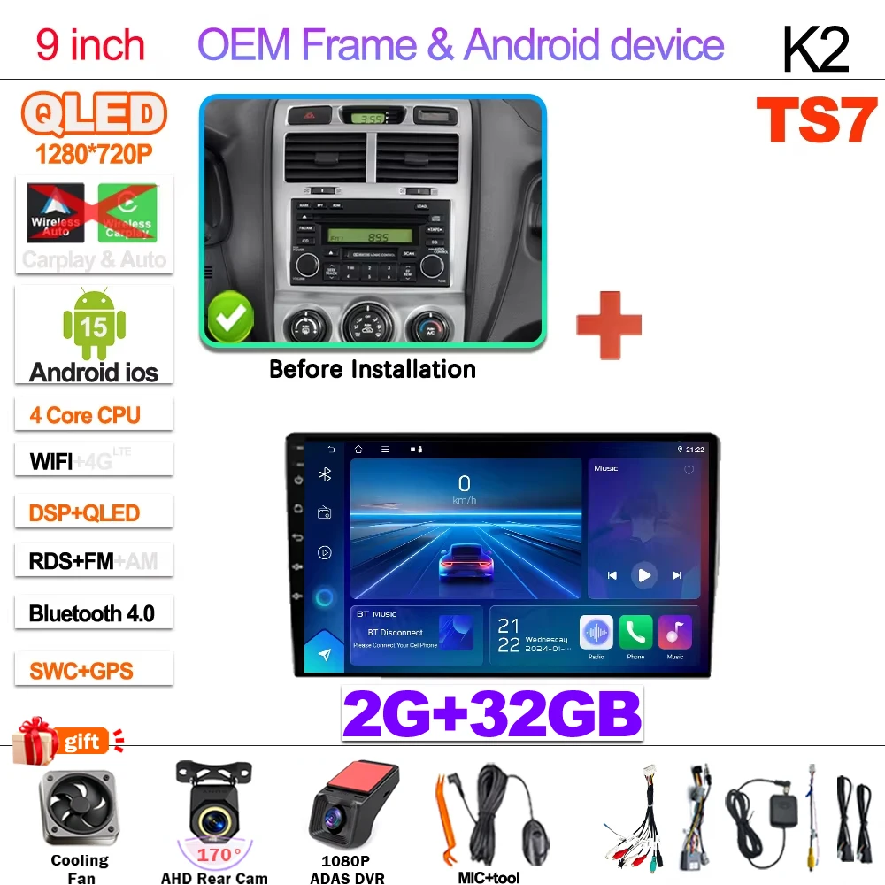 2Din Android 15 Voor Kia Sportage 2 2004-2010 Multimedia Speler Navigatie Carplay Stereo DVD Spiegel Link Stereo Head unit WIFI