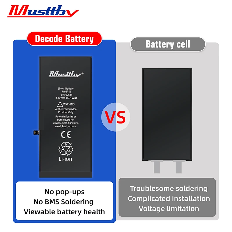 

Musttby No BMS Soldering Decode Battery for Iphone 11 11pro 11promax 12 12mini 12pro 12promax 13 13mini 13pro 13promax 14