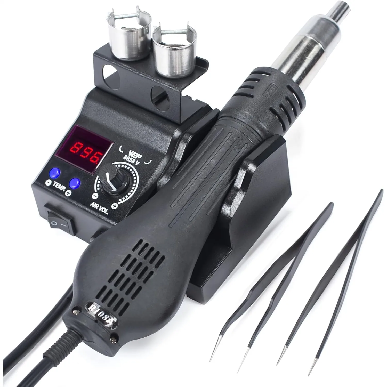 

Hot Air Rework Station with Compact Design, PID Program, Adjustable Temperature & Air Volume, 3 Nozzles, 2 Tweezers
