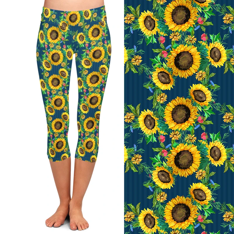 LETSFIND-Leggings Capri con estampado 3D de girasoles para mujer, pantalones de Fitness suaves de cintura alta, novedad