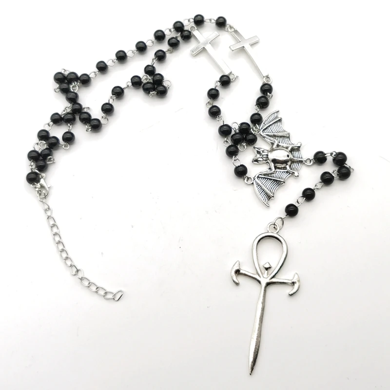 Vampire Ankh Rosary,Occult Vamp Goth Ankh Beads Bat Gothic Vampire