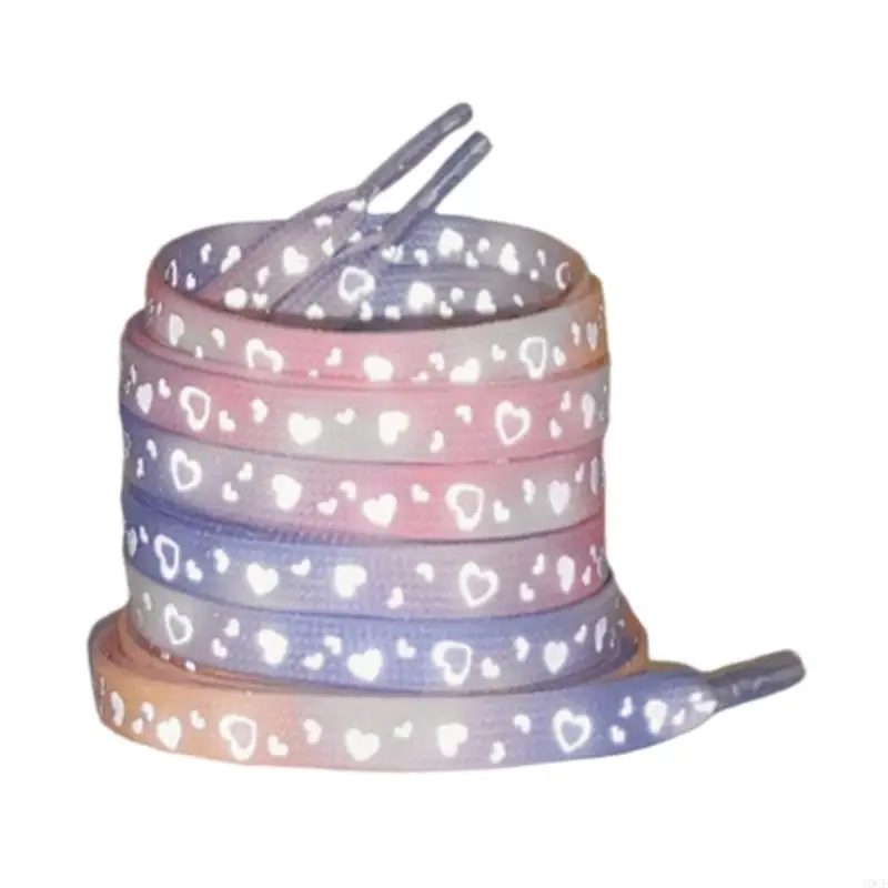 Reflective Shoelaces Flat Shoe Strings Replacement Shoe Laces with Heart Pattern Luminously Colourful Glitter Shoe Band