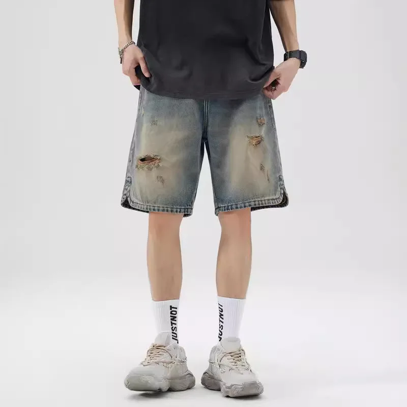 

Модные короткие джинсы в американском стиле, летние, свободные, винтажные, уличная мода, рваные, с разрезами, американский трендовый образ, 100% хлопок