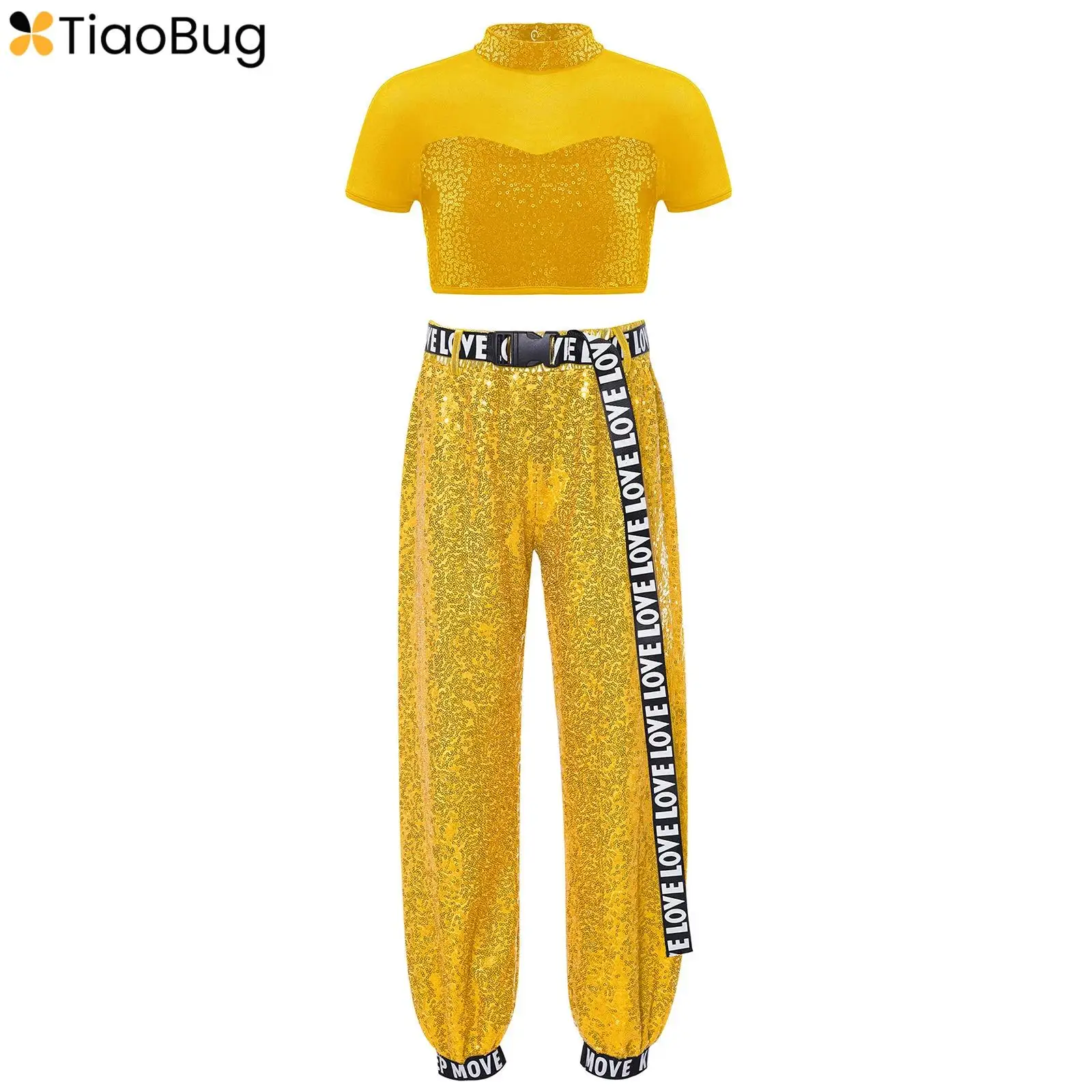 

Kids Girls Hip Hop Jazz Dance Costume 2Pcs Short Sleeve Mesh Patchwork Cutout Back Shiny Sequins Crop Top Shirt+Pants+Belt Set