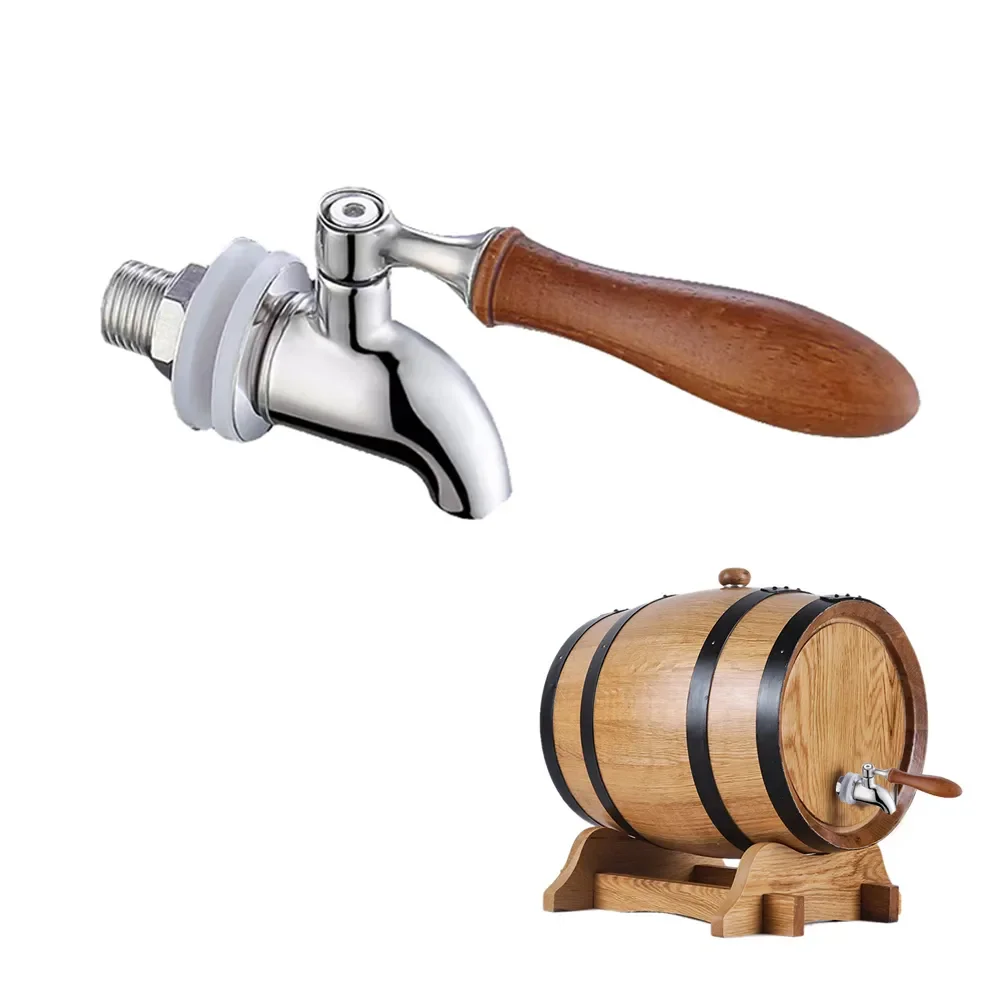 Grifo de barril de vino con mango de madera, grifo de acero inoxidable para jugo, barril de cerveza, dispensador de bebidas, válvula de soporte de agua, grifo de tambor de vidrio