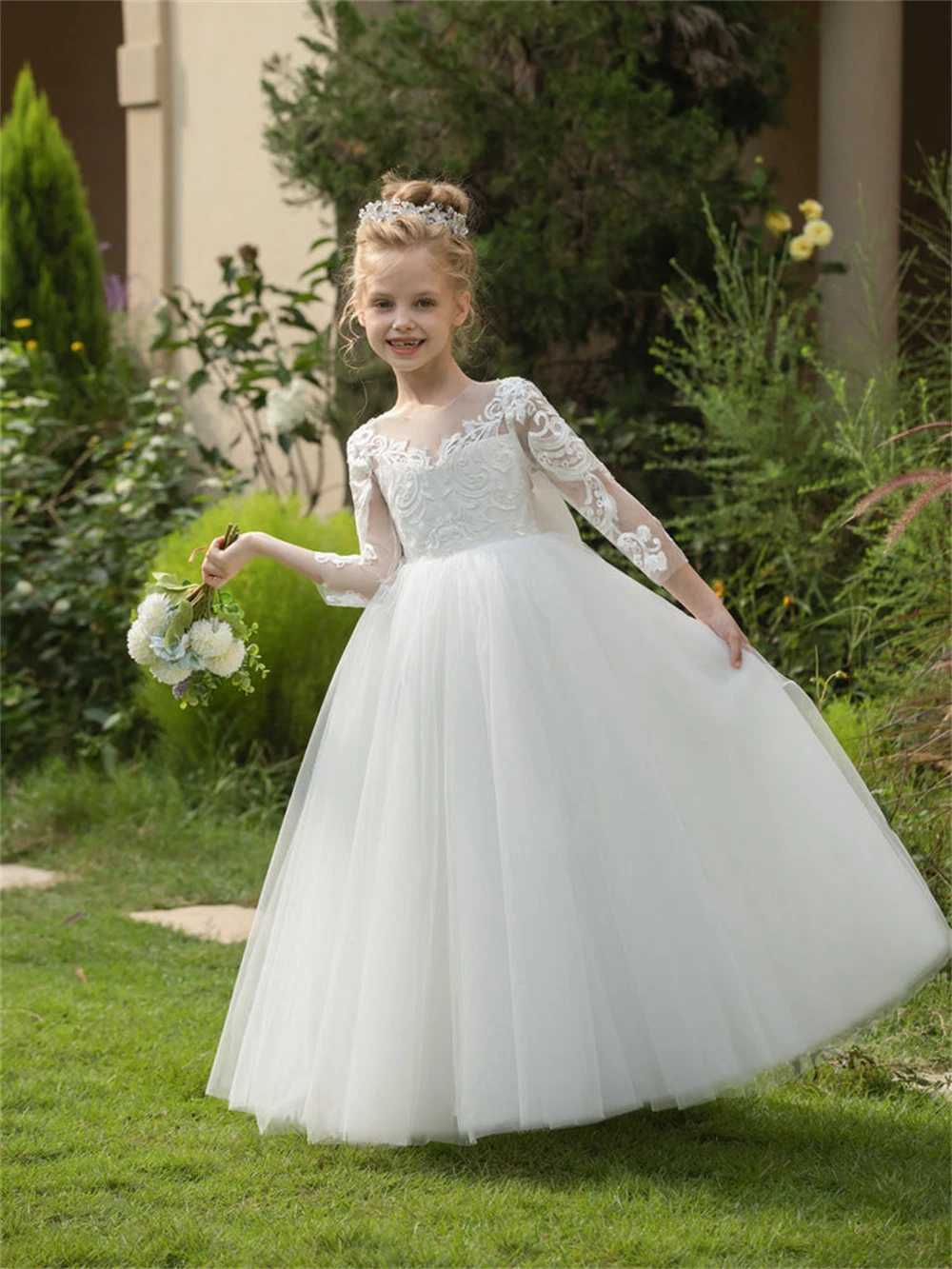 Robe de demoiselle d'honneur en dentelle champagne pour mariage, appliques en tulle, manches longues bouffantes, ligne A avec nœud, robe de Rhde fête d'anniversaire de princesse