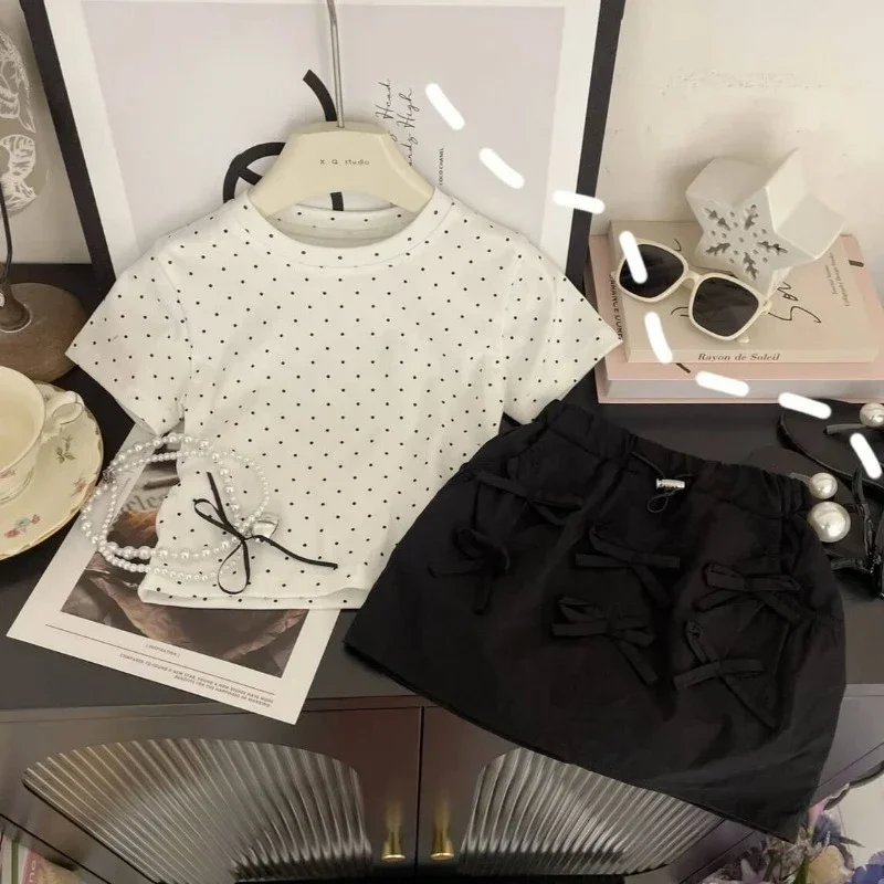 Kids Girl Clothes Summer Baby Girls Cute Short Sleeve Polka Dot T-shirt + Bow Skirt 2-piece Set Toddler Girls Kawaii Skirt Sets