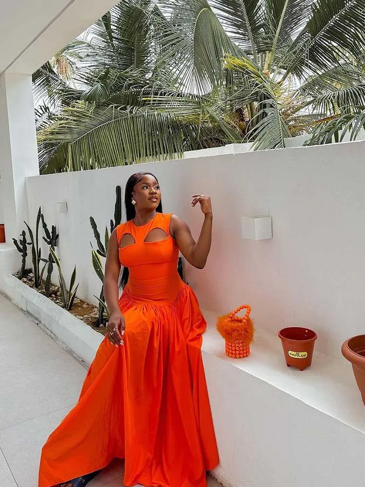 فستان طويل مجوف للنساء ، طويل ، جميل ، برتقالي ، أنيق ، حفلة ، بيع بالجملة ، دروبشيبينغ ، الصيف