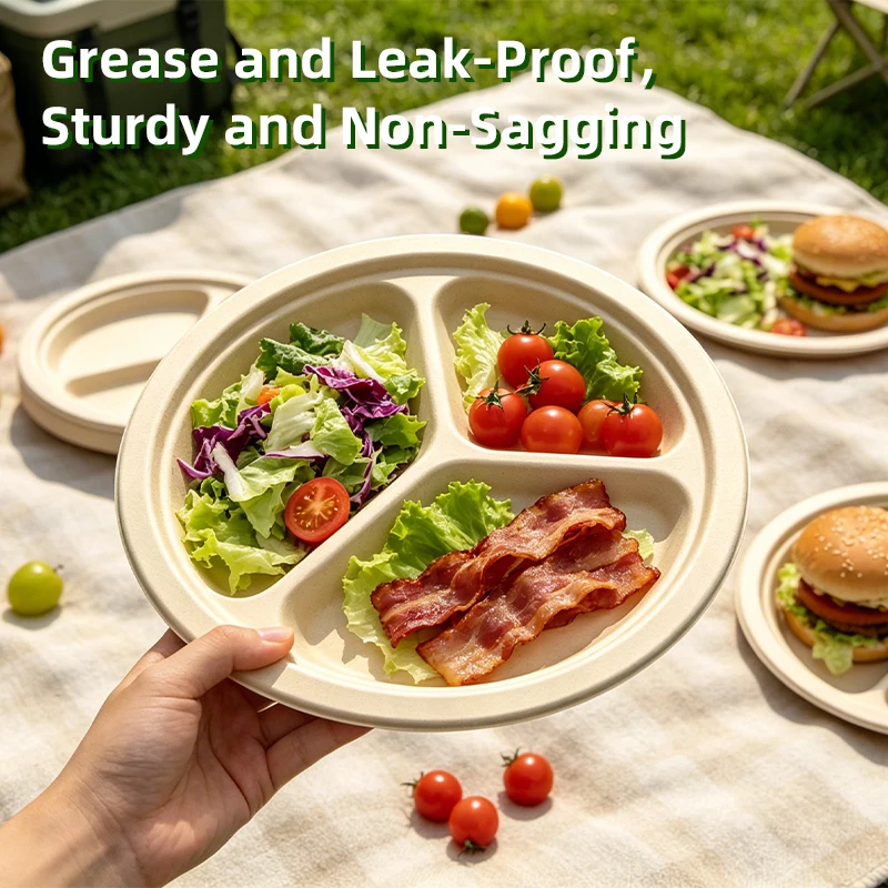50Pcs 3 Compartment Disposable Round Plates, Paper Lunch Boxes, Lightweight Takeaway Paper Bowls for Salad, Soup & Noodles