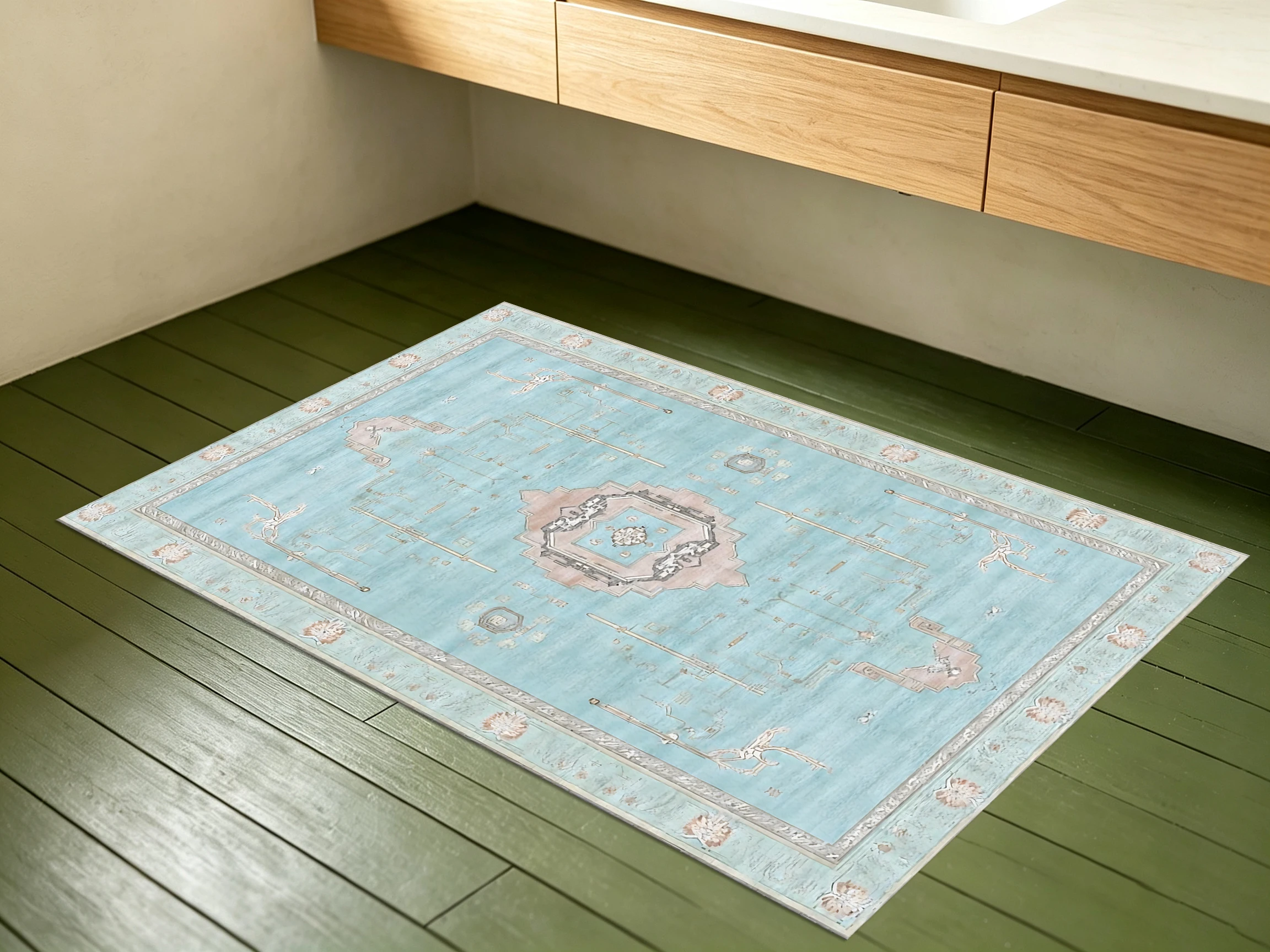 2D Large Rug, Light Blue Retro Persian Pattern, Vintage and Luxurious Style, Suitable for Living Room and Bedroom, One-Click Refresh for Autumn and Winter Decoration