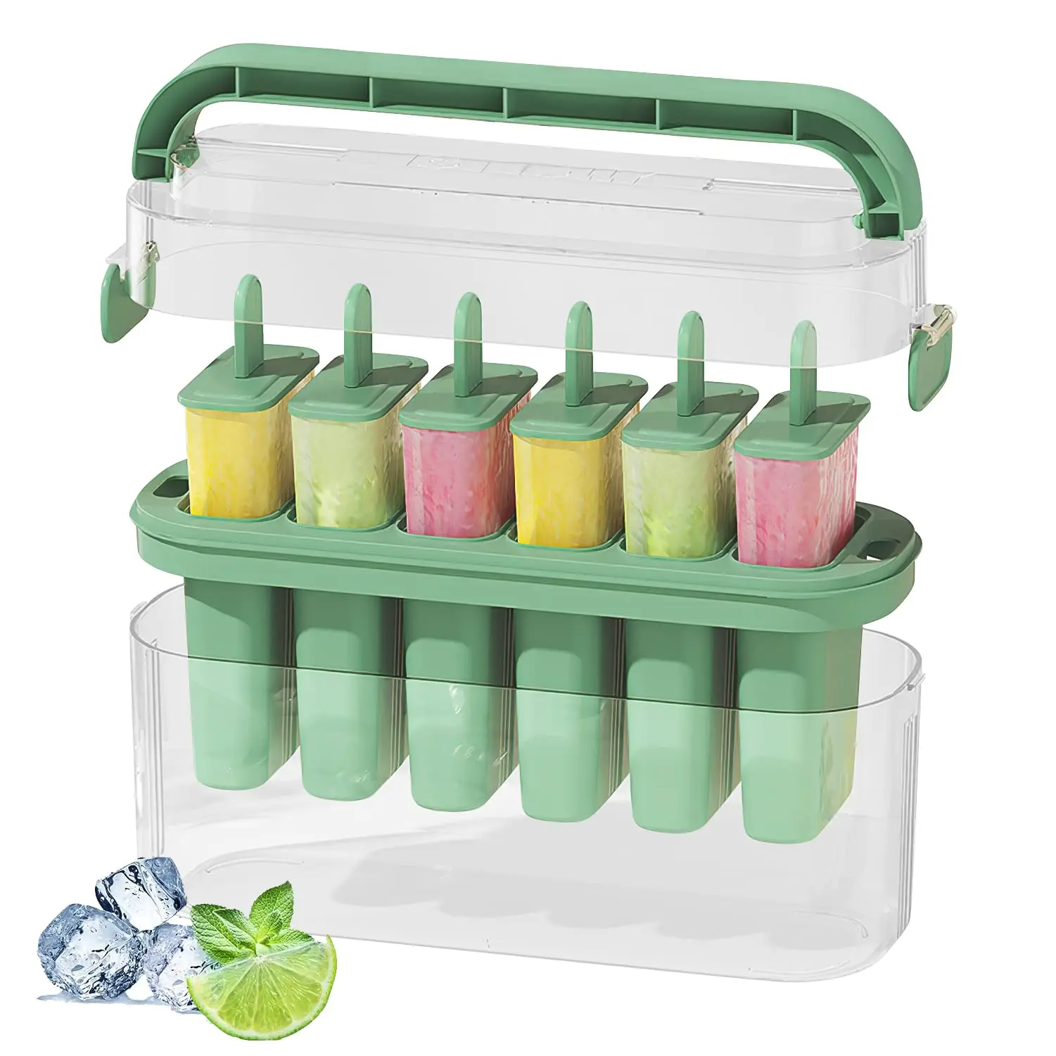 

6 Ice Popsicle Mold, Ice Cream Maker with Stick and Lid, Reusable DIY Homemade Freezer Lolly Mould with Sealed Box Carry Handle