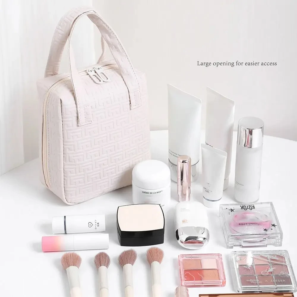 Bolsa de viaje multifuncional para cuidado de la piel, bolsa de cosméticos de cuero PU, bolsas de almacenamiento impermeables de alta capacidad con asa, organizador de maquillaje