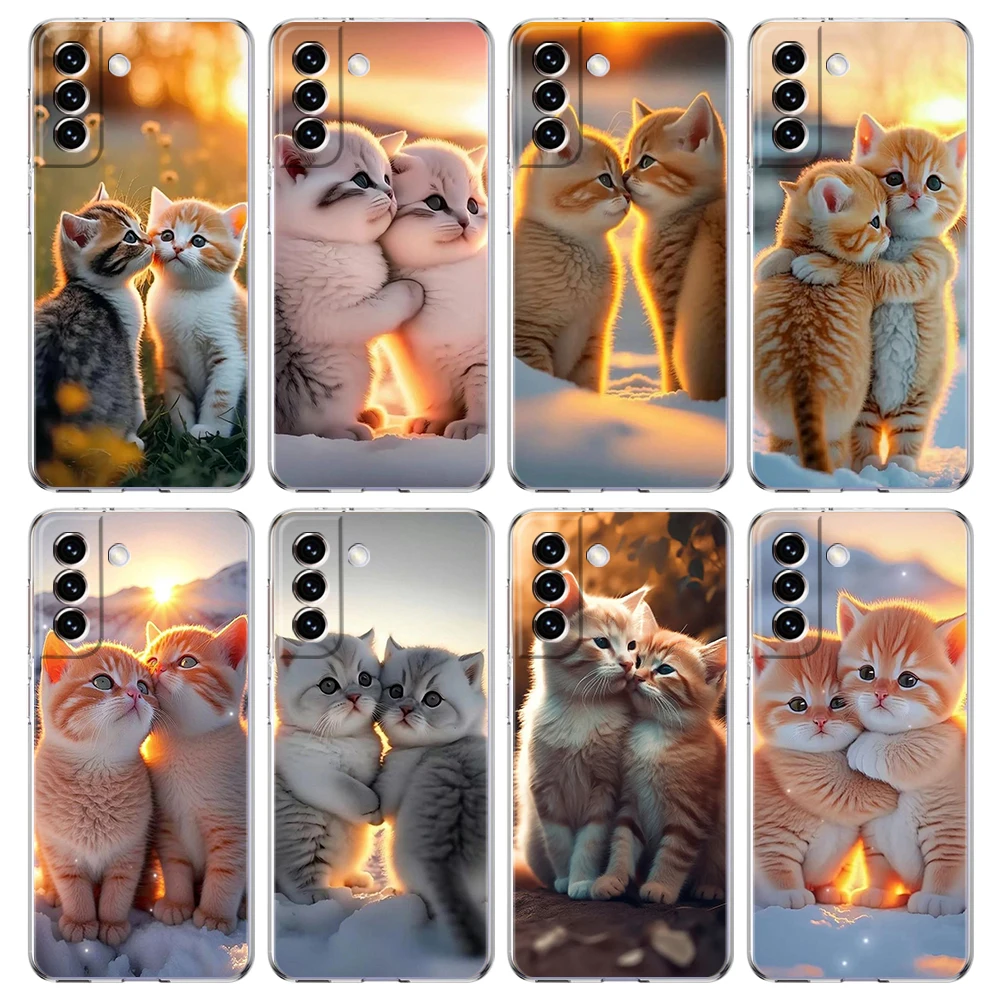 Kiss Cat Cute Kitten Phone Case for Samsung Galaxy S24 S23 S22 S20 S21 FE Ultra S24 S23 S10 S10E S9 S8 Plus 5G Transparent Shell