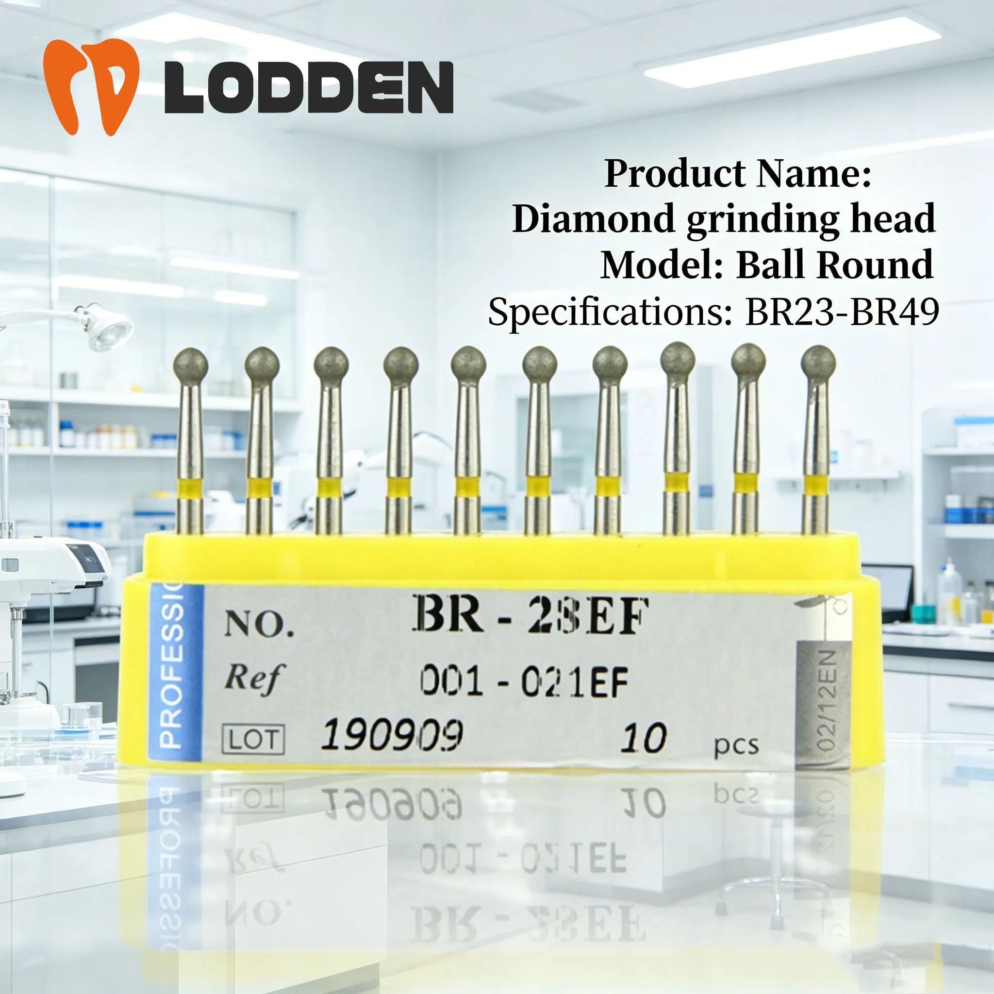 LODDEN diamond grinding burs for FG 1.6mm high-speed handpieces, spherical/long-necked dental laboratory grinding tools