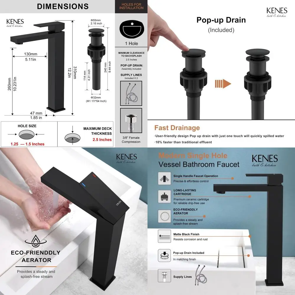 

Высокий смеситель для раковины с одной ручкой, шлангом для подачи воды и выдвижным сливом, матовый черный