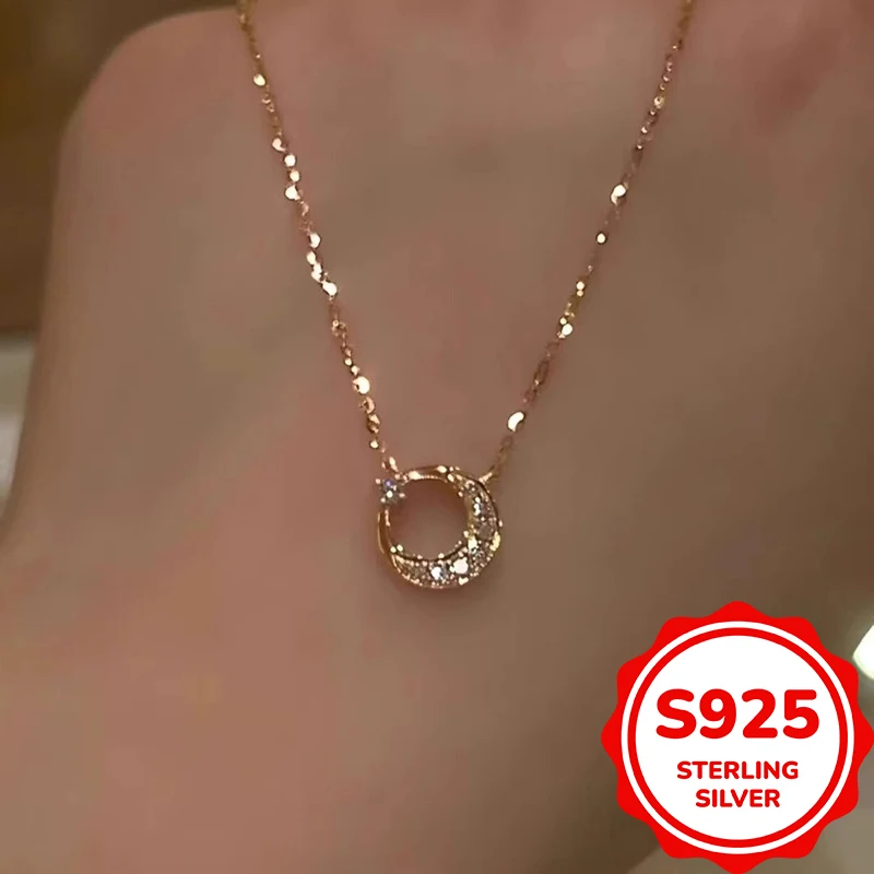 

S925 Sterling Silver Sun Moon Star Necklace Women's Exquisite Light Luxury Moon Pendant Stainless Steel Clavicle Chain