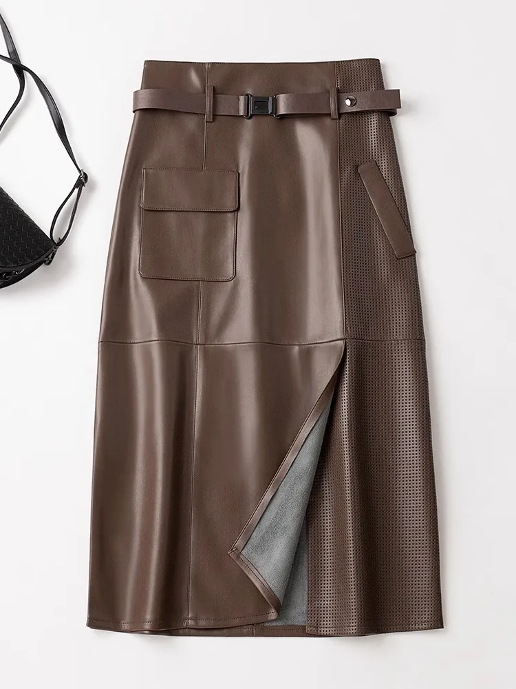 Leather A-Line  Skirt Women's Mid-Length Slimming Autumn Winter Coffee Color Pencil Skirt High Waist Sheepskin Design