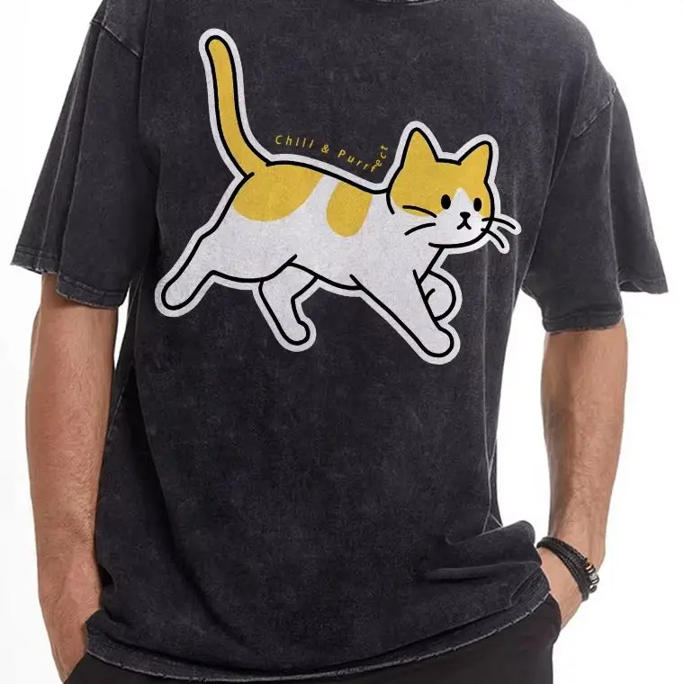 

Y2K Cotton Casual Women‘s T-Shirt Short Sleeve Round Neck Fitted, Adorable Yellow Cat Graphic with “Chill & Purrfect” Slogan
