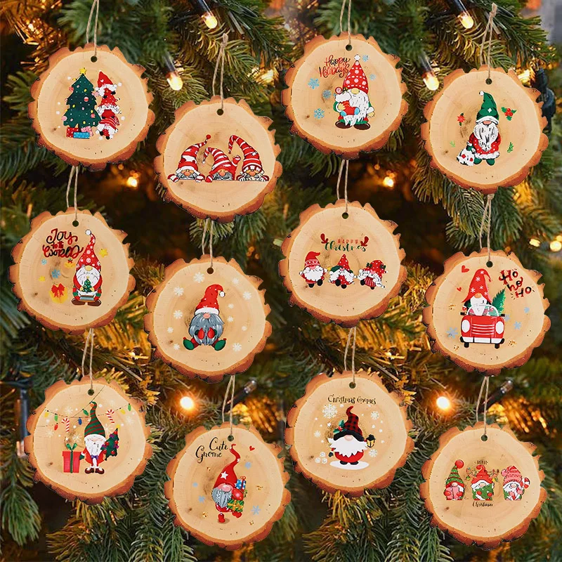12Pcs Merry Christmas Round Wood Slice Pendants Xmas Tree Hanging Ornament Christmas Party Wood Slice Decorations New Year Gifts