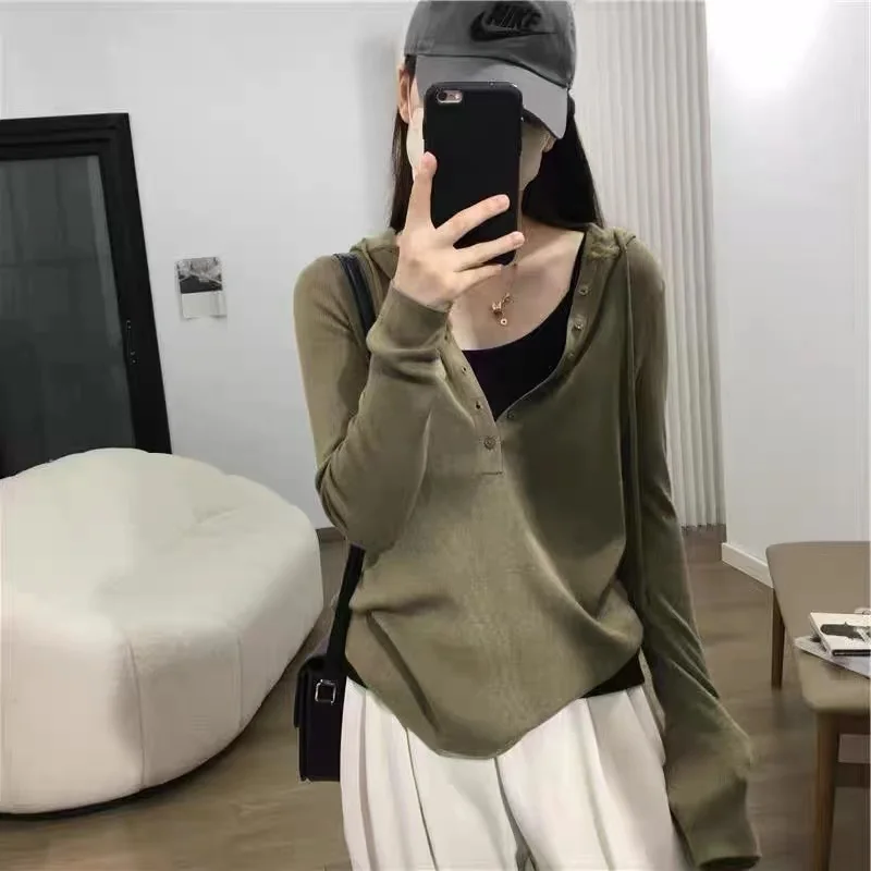 2023 New Women's Pullover Hooded Cashmere Sweater Spring and Autumn V-neck Lazy Style Versatile Fashion Cashmere Solid Color Pul