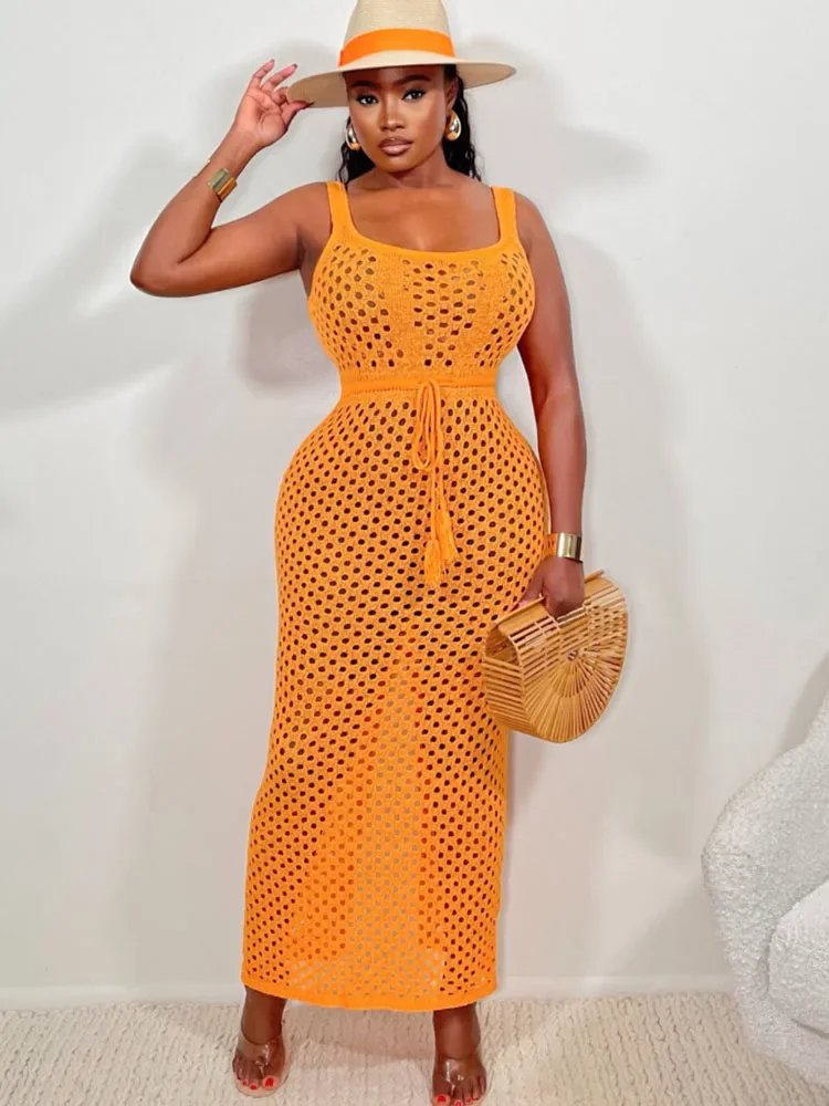 Sexy Crochet Hollow Out Summer Beach Dress Women 2024 Tank Sleeveless See Through High Waist Vacation Maxi Long Dresses Sundress