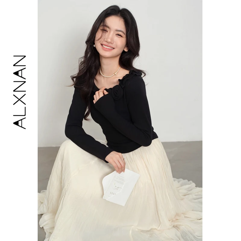 

ALXNAN женская черная футболка с U-образным вырезом и 3d цветочным дизайном, элегантные облегающие футболки с длинными рукавами, осень 209, хлопковый пуловер, женский L56958