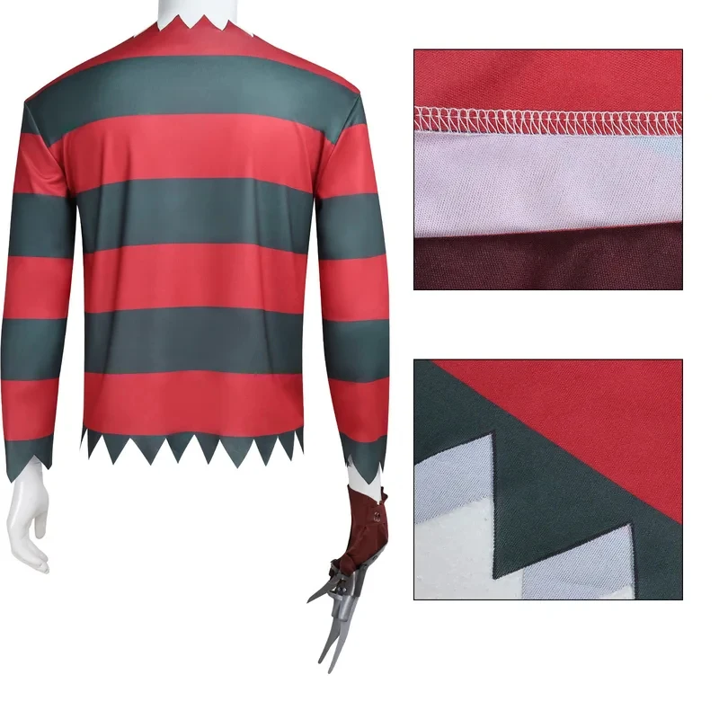 UUI13PCS Freddy Krueger Cosplay Costume Men Women Red Black Stripes Dress Top Hat Halloween Gloves With Sharp ClawsM[[62 - view 5