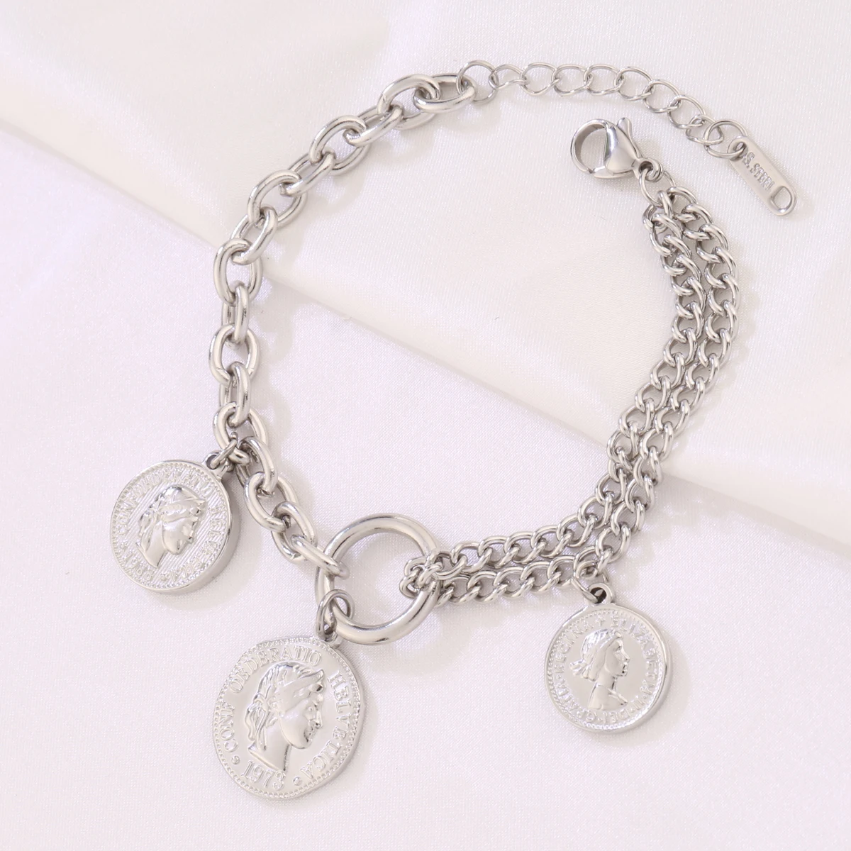 316L Stainless Steel Coin Pendant Bracelet For Women Fashion Gold Color Round Charms Chain Bracelets Jewelry