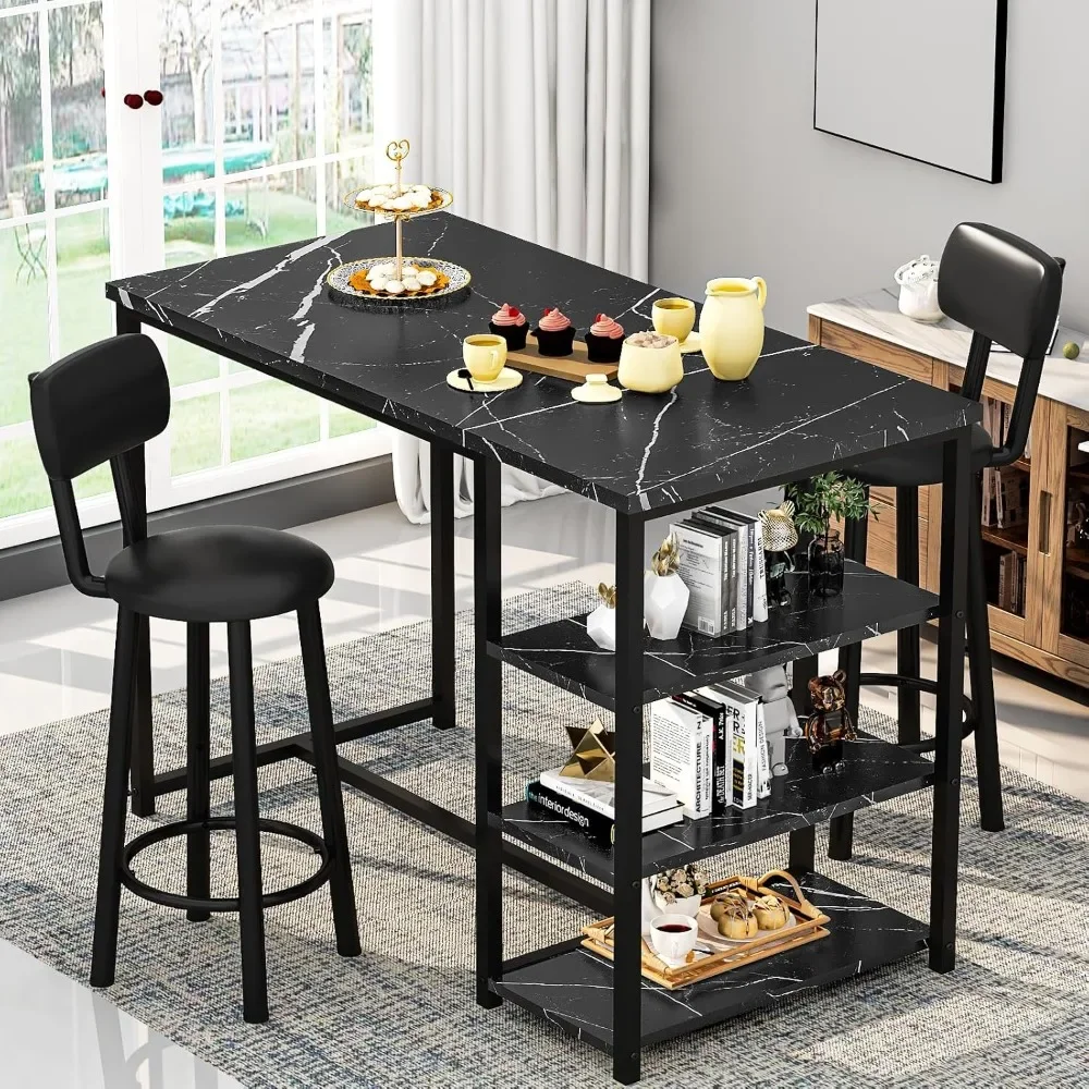 Dining Table Set for 2, Counter Height Pub Table with 2 PU Leather Widen Backrest Bar Stools & 3 Storage Shelves,