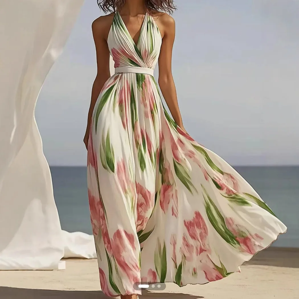 2026 Summer New Fashion Women's Printed V-neck Sleeveless Ankle Length Casual Trendy Suspender Dress Female Clothes for Holiday