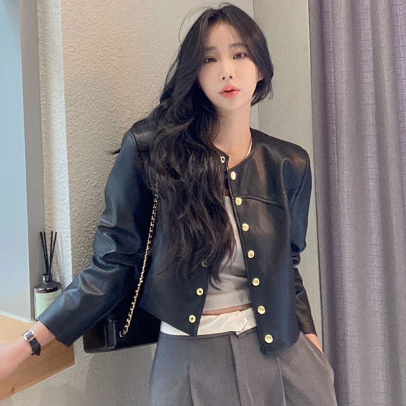 

Korean Chic Spring Retro PU Leather Jacket Metal Buttons Loose Long-sleeved Short Coat Women Simple O Neck Streetwear Tops