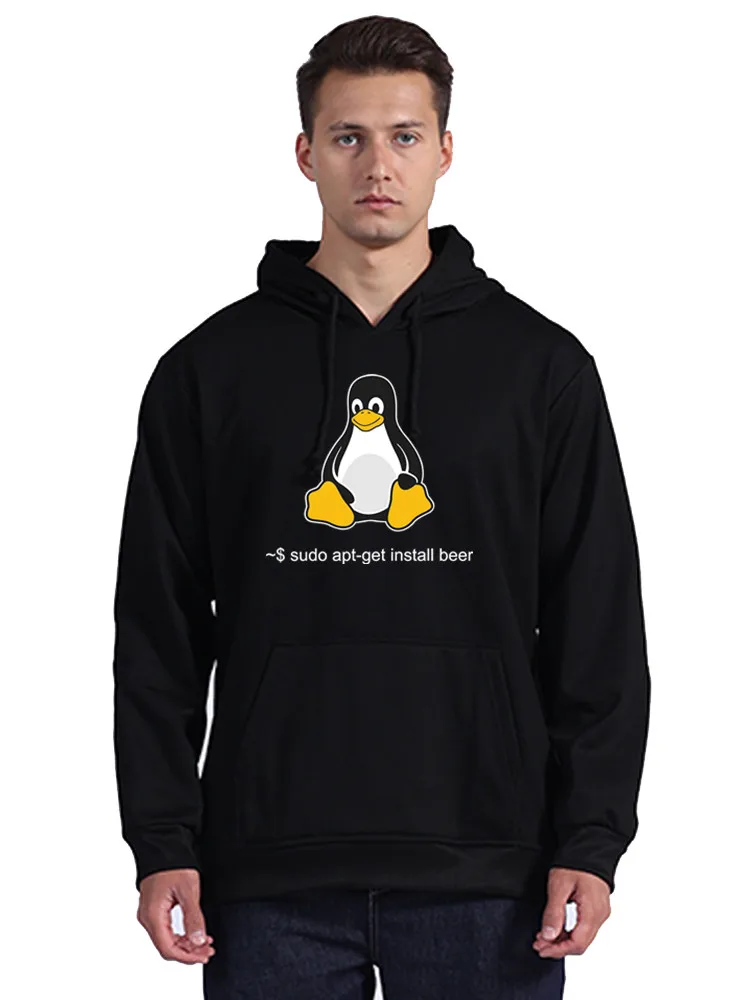 Funny Linux Sudo Get Me A Beer hoodie Men Penguin Programmer Computer Developer Geek Nerd Pullover Sweatshirts