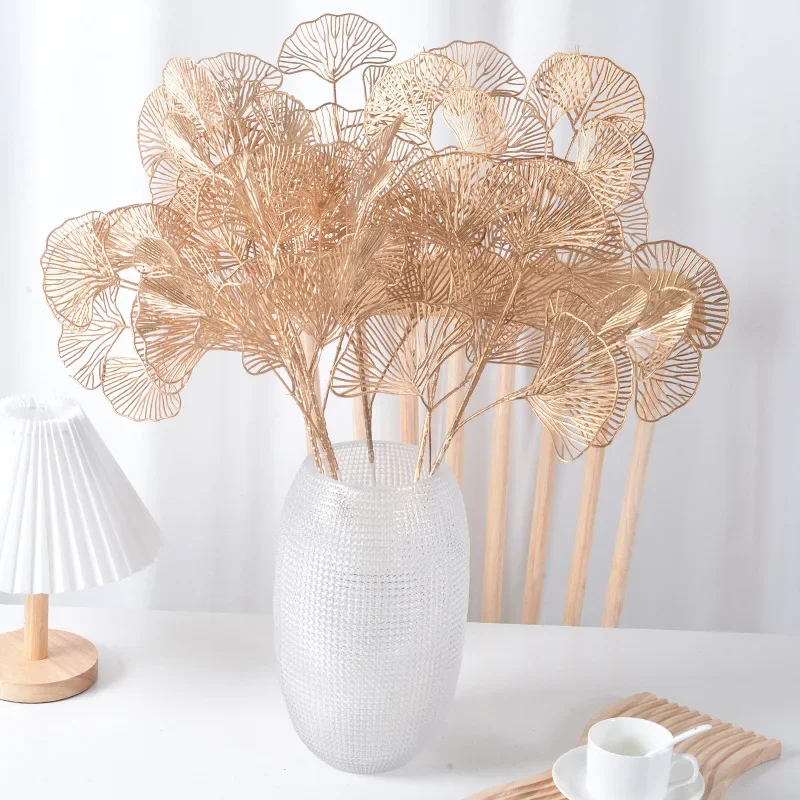 1PC Three-pronged Fan Leaf Netting Artificial Gold Ginkgo Eucalyptus Holly For Wedding Arch Flower Arrangement Party Decor