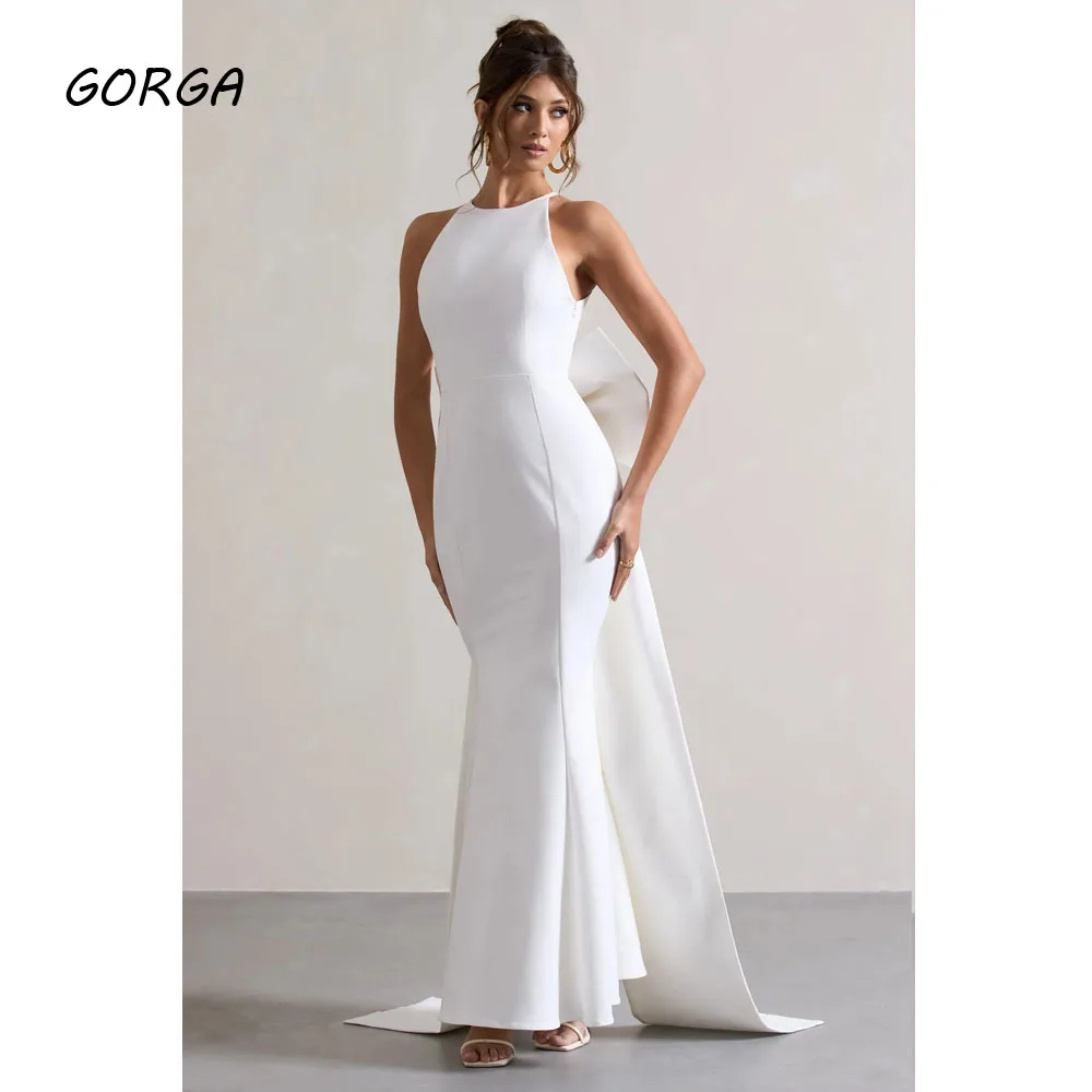 

GORGA Customized Ivory Floor-Length Satin Evening Dress O-Neck Prom Dress 2025 Bow Backless Sleeveless Mermaid Party Dress