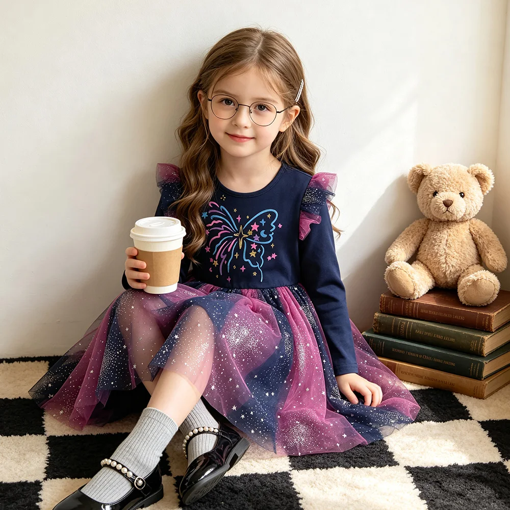 Mädchen Galaxy Stern Schmetterling Druck Langarm Tüll Prinzessinnen-Partykleid Kleinkinder Herbst Frühling Farbverlauf Ombre Marineblau Outfits – Detail 6