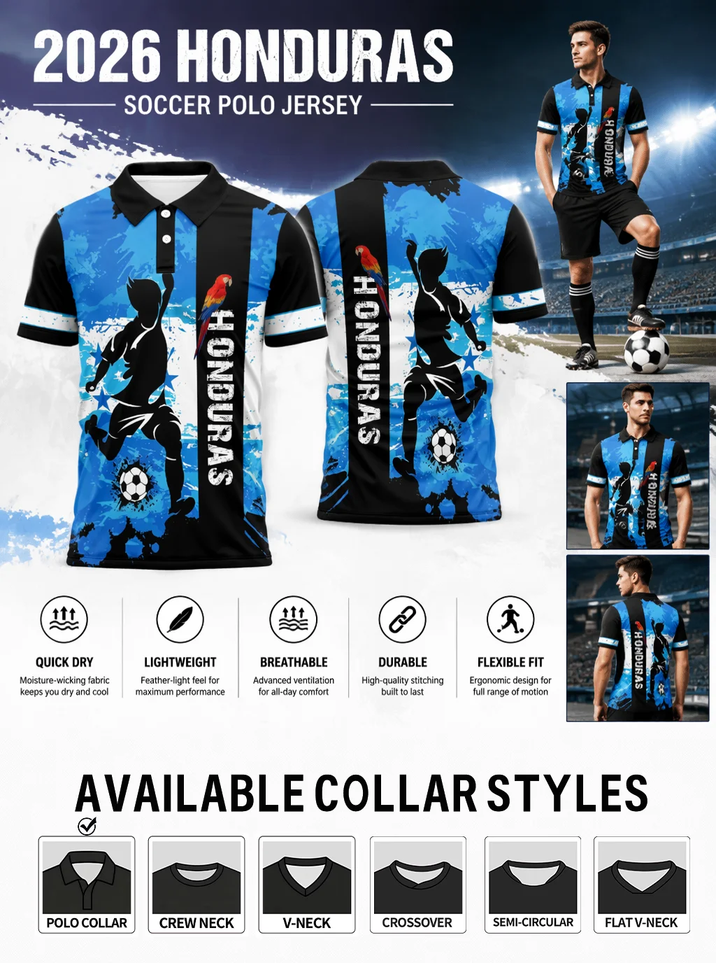2026 Honduras soccer polo jersey with parrot‑player graphic print, quick‑dry moisture‑wicking fabric for sports and casual trips
