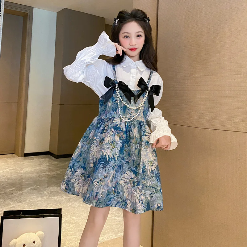 Children's Dress Suit Princess Flowers Print Mini Dress Sweet 2 Piece Set Bow Strapless Dresses Elegant Long Sleeve White Shirts