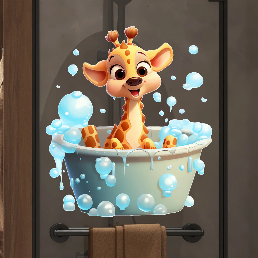 2D Flat 1Pc Creative Animal-Themed Bathroom Art Wall Sticker, Giraffe and Bath Bubble Design Sticker, Self-Adhesive Pvc Wall Decoration, Suitable for Study Room, Dining Room, Bedroom, Living Room, Kitchen, Doors, Windows, Cabinets, Glass, Tiles, and Wall Decoration, Cute Stickers That Are Attractive and Practical, Easily Creating a Cozy Space