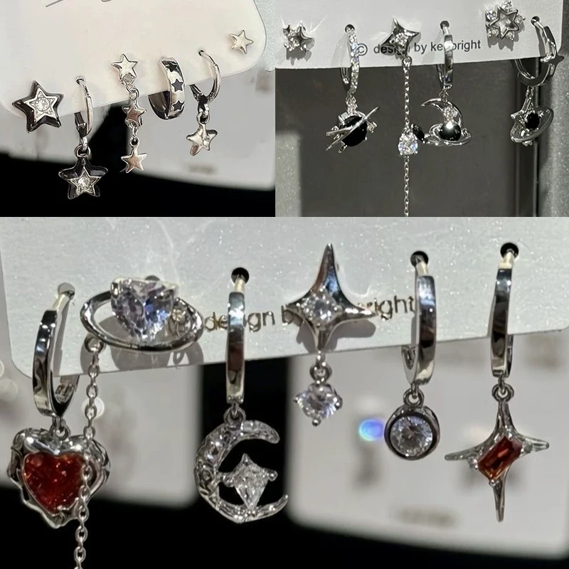 6PCS SET Goth Punk Vintage Aesthetic Crystal Heart Moon Cross Star Pendant Earrings For Men Women Grunge Y2K Jewelry Accessories