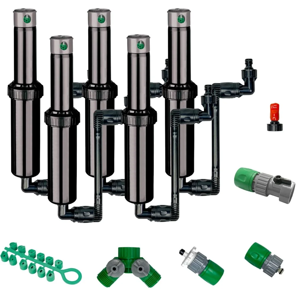 في الأرض 5 بوصة منبثقة رأس رش قابل للتعديل 5 عبوات توصيل سريع خرطوم الفاصل للفناء والحديقة والحديقة