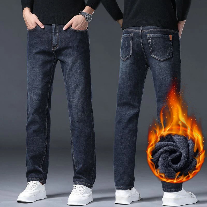 Warm Fleece Lined Mens Jeans Stylish Casual Daily Outdoor Elastic Waist Denim Pants Thick Korean Straight Leg Versatile Trousers