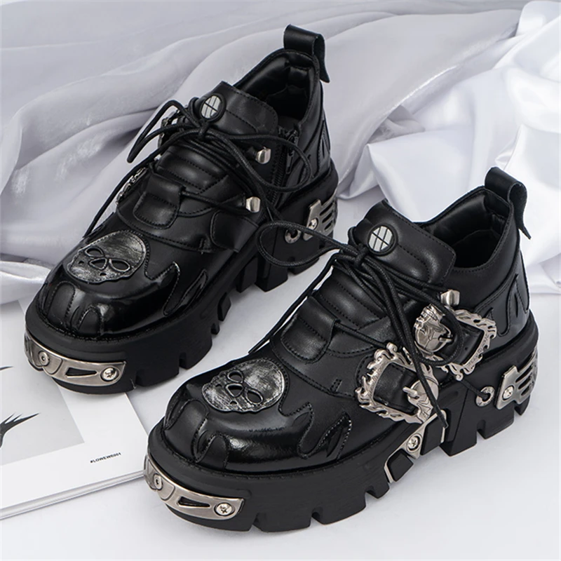 

Metal Decor Women and Men Leather Shoes Punk Style Platform Pumps Gothic Lovers Shoes Chunky Heel Black Creepers Unisex Sneakers