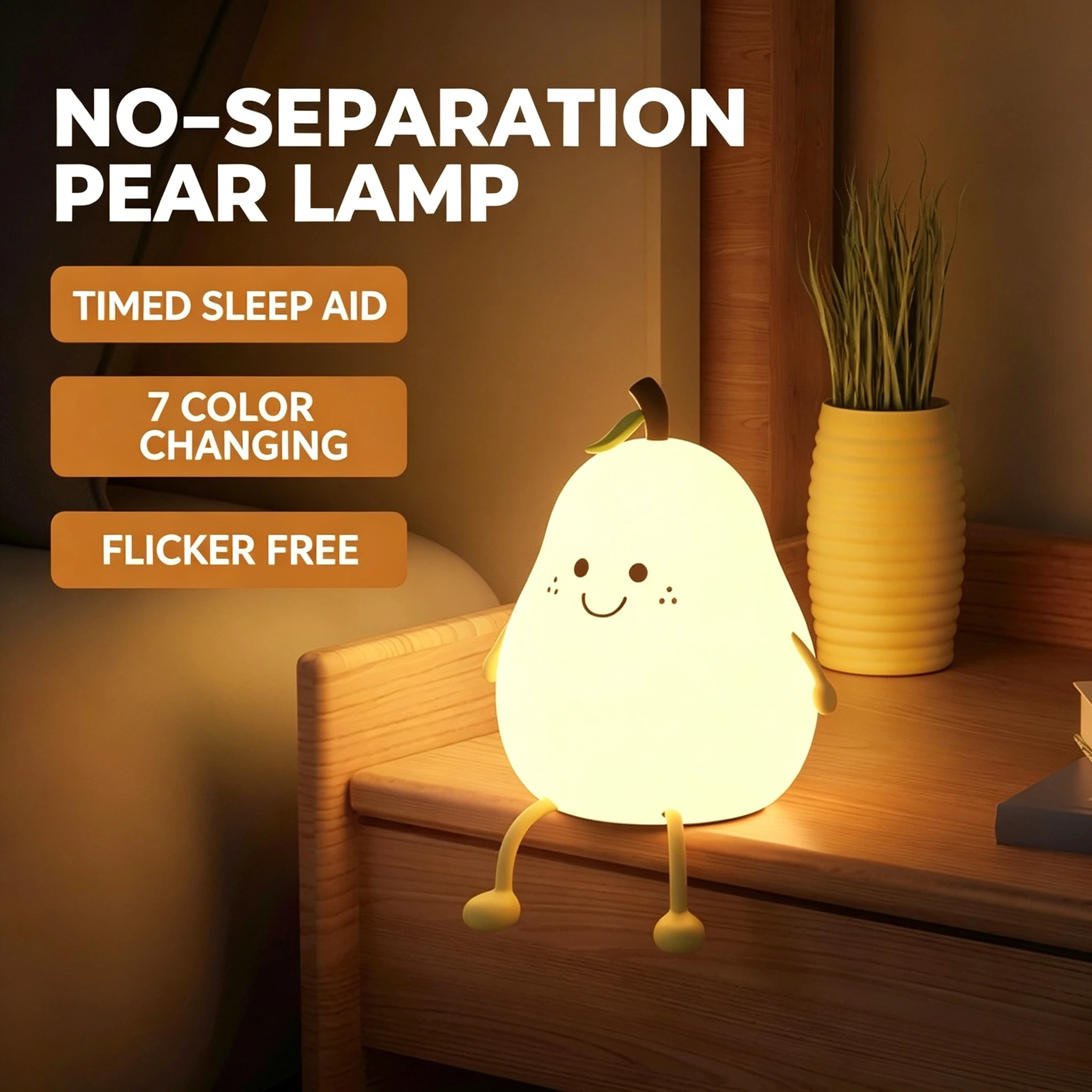 Night Lights for Kids Pear Shaped Cute Silicone Nightlight Portable Bedside Light Warm White and 7 Colors 3 Brightness Level