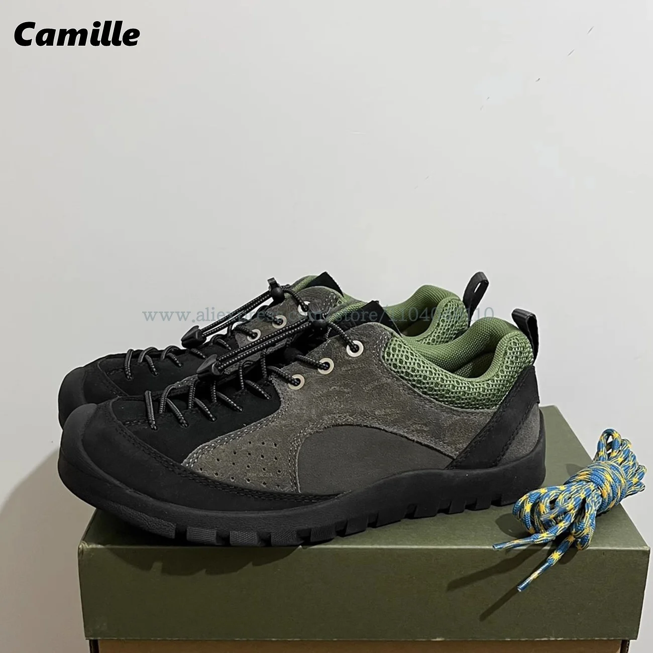 Mixed Color Sheep Suede Front Drawstring Sneakers All-Match Waterproof Hiking Shoes Air Mesh All-Match Non-slip Casual Shoes