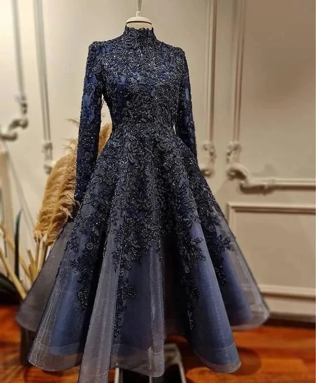 Vestido de noite frisado de renda, vestido muçulmano de baile árabe, azul marinho, festa formal, segunda recepção, luxuoso, tamanho grande, 2022