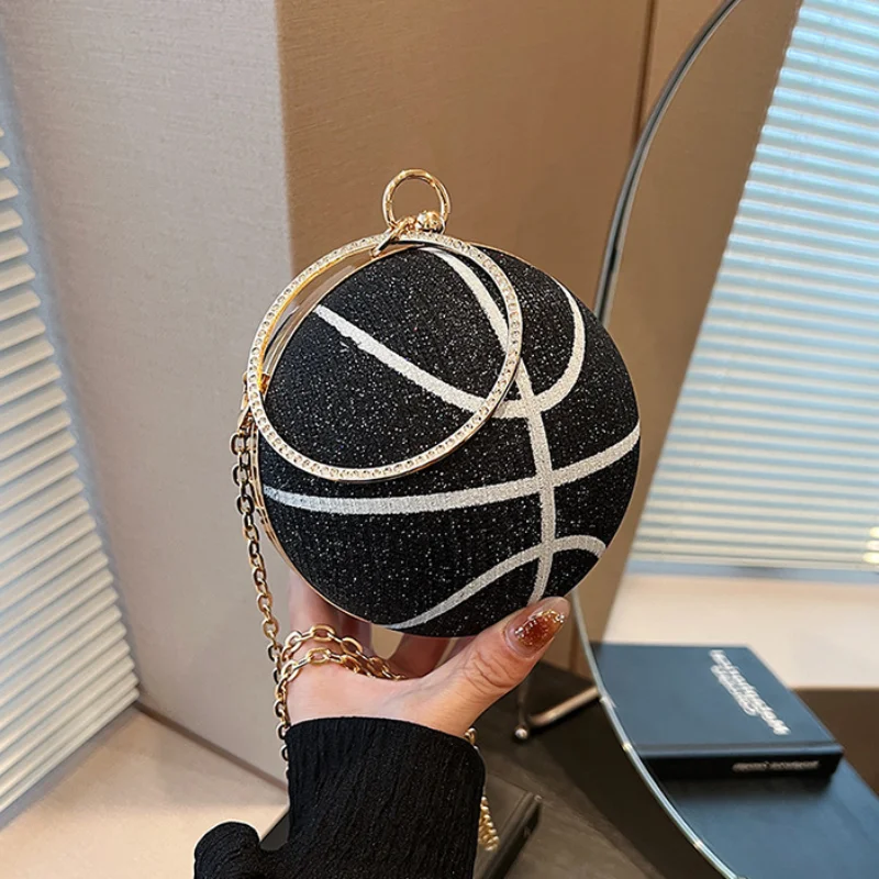 Mini Basketball Bags for Women Trend 2024 Cute Evening Round Handbag Woman Fashion Party Chain Rhinestone Female Shoulder Bag