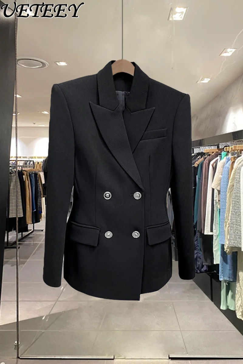 

Commuter Suit 2024 Spring New Double-Breasted Wide Shoulder Slim Waist Tight Socialite Elegant Slim Black Blazer Coat for Women